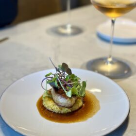Foie gras and a sip of wine for the first time in a while.